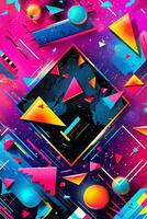 A vibrant and colorful poster background featuring geometric shapes, neon lights, and bold typography reminiscent of 90s rave flyers. Generative AI photo