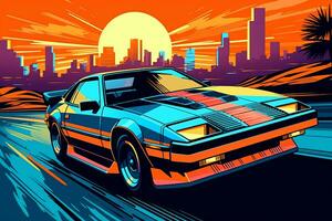 A vector illustration of a retro sports car with bold lines, vibrant colors, and a futuristic aesthetic, representing the iconic cars of the 80s. Generative AI photo