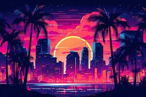 A vibrant poster vector illustration of a cityscape at night with neon lights, palm trees, and retro buildings, evoking the atmosphere of an 80s metropolis. Generative Ai photo
