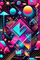 A vibrant and colorful poster background featuring geometric shapes, neon lights, and bold typography reminiscent of 90s rave flyers. Generative AI photo