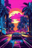 A vibrant poster, vector illustration of a cityscape at night with neon lights, palm trees, and retro buildings, evoking the atmosphere of an 80s metropolis. Generative AI photo