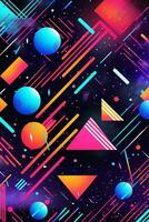 A vibrant and colorful poster background featuring geometric shapes, neon lights, and bold typography reminiscent of 90s rave flyers. Generative AI photo