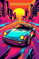 A vector illustration of a retro sports car with bold lines, vibrant colors, and a futuristic aesthetic, representing the iconic cars of the 80s. Generative AI photo