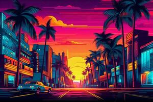 A vibrant poster vector illustration of a cityscape at night with neon lights, palm trees, and retro buildings, evoking the atmosphere of an 80s metropolis. Generative Ai photo