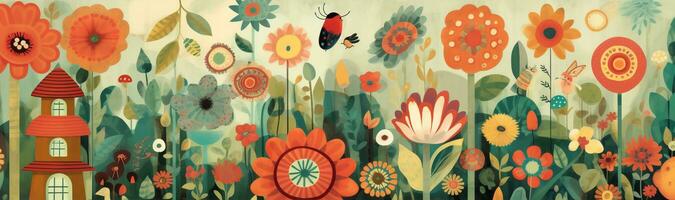 A whimsical banner design portraying a garden scene with playful illustrations of flowers, butterflies, and bees, adding a touch of joy and lightheartedness. Generative AI photo