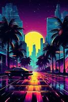 A vibrant poster, vector illustration of a cityscape at night with neon lights, palm trees, and retro buildings, evoking the atmosphere of an 80s metropolis. Generative AI photo