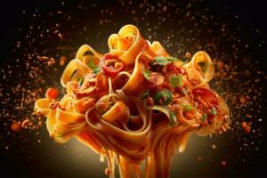 un visualmente sorprendentes imagen de pasta amatriciana ingredientes flotante en aire, arreglado en un artístico y resumen manera, destacando el vibrante colores y texturas de el plato. generativo ai foto