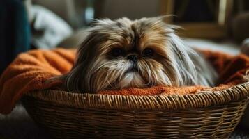 A wicker basket flipped over and turned into a pet bed, with a scruffy dog nestled into the open weaving and cozy bedding. Generative AI photo