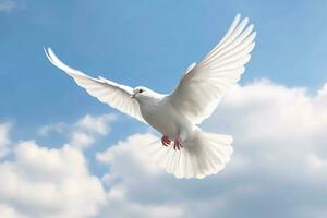 A white dove in flight against a blue sky with fluffy clouds. Generative AI photo