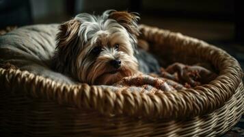 A wicker basket flipped over and turned into a pet bed, with a scruffy dog nestled into the open weaving and cozy bedding. Generative AI photo