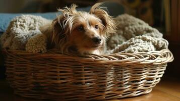 A wicker basket flipped over and turned into a pet bed, with a scruffy dog nestled into the open weaving and cozy bedding. Generative AI photo