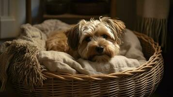 A wicker basket flipped over and turned into a pet bed, with a scruffy dog nestled into the open weaving and cozy bedding. Generative AI photo