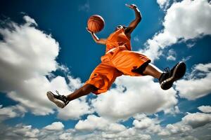 A dunk, with a player throwing the ball twisting and rotating their body in a helicopter motion. Generative AI photo