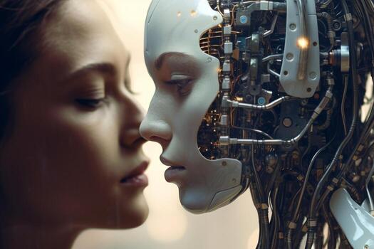 A woman face merging with a cyborg, creating a futuristic and surreal image. Generative AI photo