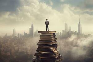 A writer standing on a giant stack of books, with a city skyline visible in the background, creating a surreal and metaphorical image of a writer's knowledge and creativity. Generative AI photo