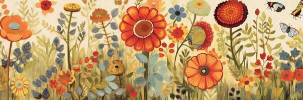 un caprichoso bandera diseño retratar un jardín escena con juguetón ilustraciones de flores, mariposas, y abejas, agregando un toque de alegría y alegría. generativo ai foto