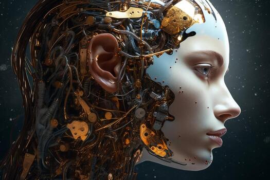 A woman face merging with a cyborg, creating a futuristic and surreal image. Generative AI photo