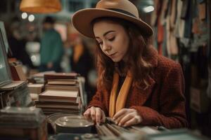 A young woman browsing through a retro and vintage store, trying on unique and one-of-a-kind items, with a sense of nostalgia and individuality. Concept of vintage and retro fashion. Generative AI photo
