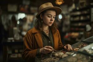 A young woman browsing through a retro and vintage store, trying on unique and one-of-a-kind items, with a sense of nostalgia and individuality. Concept of vintage and retro fashion. Generative AI photo