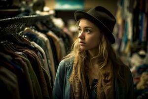 A young woman shopping alone, browsing through racks of clothes and accessories, with a sense of independence and self-reliance. Concept sense of individuality and self-expression. Generative AI photo