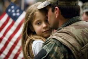 Affectionate military reunion between father and daughter in background american flag . Generative Ai photo