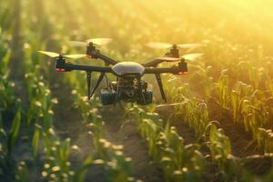 Drone flying and spray fertilizer on the fields. Concept technologic agriculture. Generative Ai photo