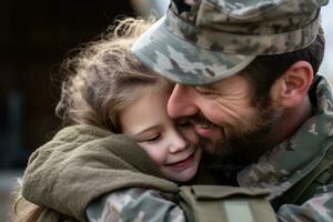 Affectionate military reunion between father and daughter. Generative Ai photo