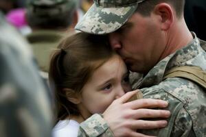 Affectionate military reunion between father and daughter. Generative Ai photo
