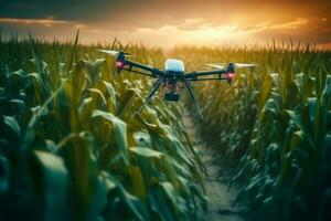 Drone flying and spray fertilizer on the fields. Concept technologic agriculture. Generative Ai photo