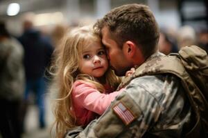 Affectionate military reunion between father and daughter. Generative Ai photo