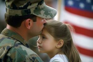 Affectionate military reunion between father and daughter in background american flag . Generative Ai photo