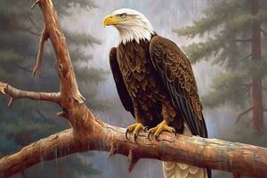 An American bald eagle perched on a branch with an American flag in the background, symbolizing freedom and strength. Generative Ai photo