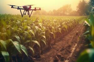 zumbido volador y rociar fertilizante en el campos. concepto tecnológico agricultura. generativo ai foto