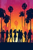 An abstract poster ,vector illustration of a sunset with a gradient sky, palm trees, and silhouettes of people dancing, reminiscent of 80s beach parties. Generative AI photo