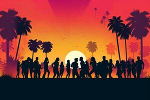 An abstract vector illustration of a sunset with a gradient sky, palm trees, and silhouettes of people dancing, reminiscent of 80s beach parties. Generative AI photo