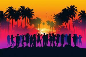 An abstract vector illustration of a sunset with a gradient sky, palm trees, and silhouettes of people dancing, reminiscent of 80s beach parties. Generative AI photo