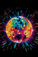 An abstract vector illustration of a disco ball with colorful rays of light and sparkling effects, symbolizing the vibrant nightlife of the 80s. Generative AI photo