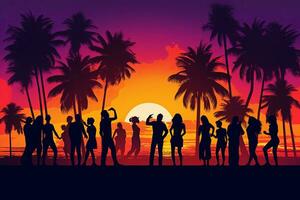 An abstract vector illustration of a sunset with a gradient sky, palm trees, and silhouettes of people dancing, reminiscent of 80s beach parties. Generative AI photo