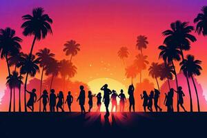 An abstract vector illustration of a sunset with a gradient sky, palm trees, and silhouettes of people dancing, reminiscent of 80s beach parties. Generative AI photo