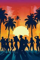 An abstract poster ,vector illustration of a sunset with a gradient sky, palm trees, and silhouettes of people dancing, reminiscent of 80s beach parties. Generative AI photo