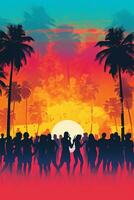 An abstract poster ,vector illustration of a sunset with a gradient sky, palm trees, and silhouettes of people dancing, reminiscent of 80s beach parties. Generative AI photo