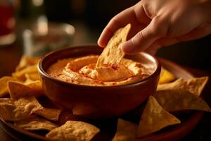Dipping a chip into a bowl of flavorful dip, with close attention paid to the texture and colors of both the chip and the dip. Generative Ai photo