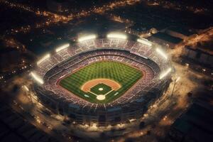 un aéreo Disparo de un béisbol estadio durante un juego, con el campo iluminado por estadio luces, jugadores en acción, y aficionados aplausos en el soportes generativo ai foto