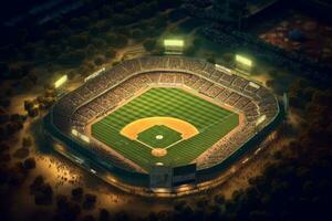 An aerial shot of a baseball stadium during a game, with the field illuminated by stadium lights, players in action, and fans cheering in the stands. Generative AI photo