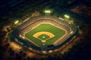 un aéreo Disparo de un béisbol estadio durante un juego, con el campo iluminado por estadio luces, jugadores en acción, y aficionados aplausos en el soportes generativo ai foto