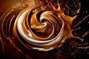 A chocolate swirl, created with a mixture of melted chocolate and cream, with dark and light tones mixing together. Generative AI photo