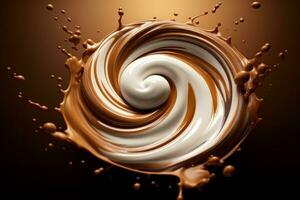 A chocolate swirl, created with a mixture of melted chocolate and cream, with dark and light tones mixing together. Generative AI photo