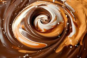 A chocolate swirl, created with a mixture of melted chocolate and cream, with dark and light tones mixing together. Generative AI photo