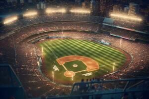 An aerial shot of a baseball stadium during a game, with the field illuminated by stadium lights, players in action, and fans cheering in the stands. Generative AI photo