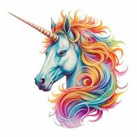 An vector illustration of a mythical unicorn, with a rainbow-colored mane and horn, against a white background. Printable design for tattoo, wall art, posters, t-shirts, mugs, cases. Generative AI photo